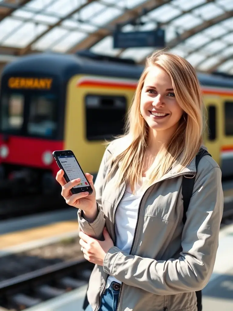 A photo of a traveler using a mobile app to check train schedules and platform information at a German train station.