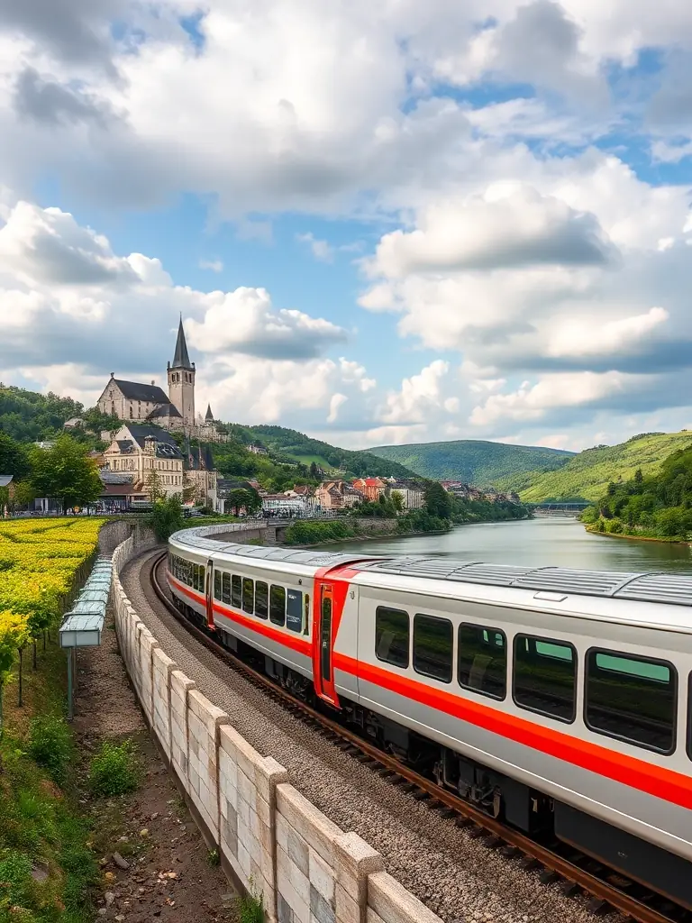 A modern Intercity train speeding along the Rhine River, passing vineyards and medieval castles. The image should convey the blend of history and modernity in German rail travel.