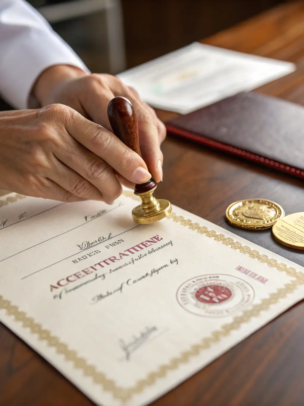 An image of a certificate of authentication issued by NotaryAxis, showcasing the official seal and signature, placed on a desk with a pen and legal documents.