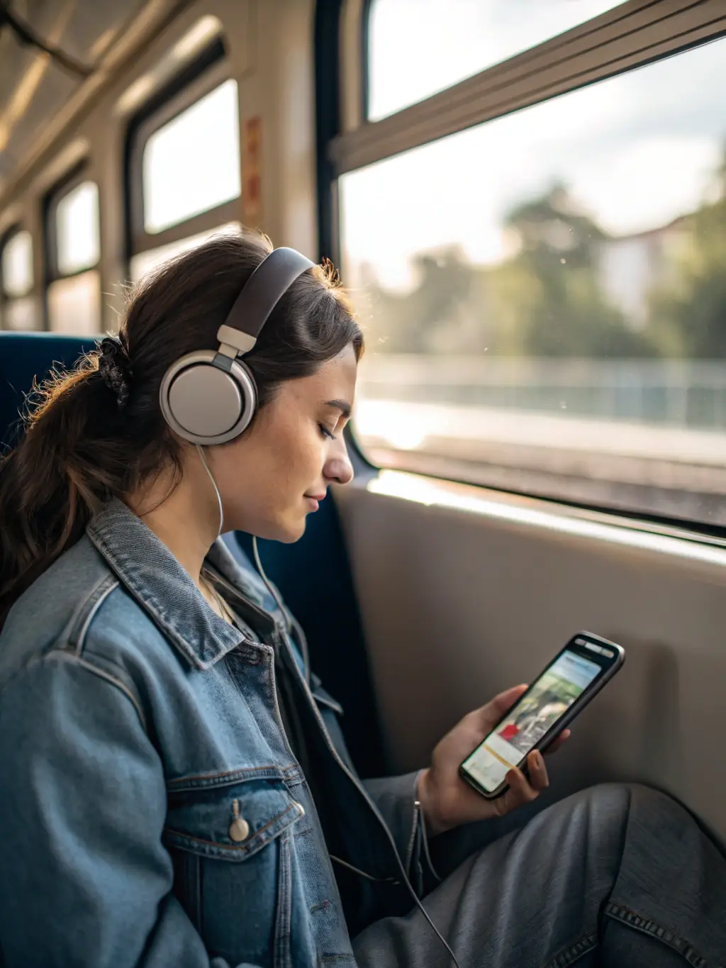 A photo of a traveler using noise-canceling headphones on a German train, creating a peaceful and enjoyable travel experience.