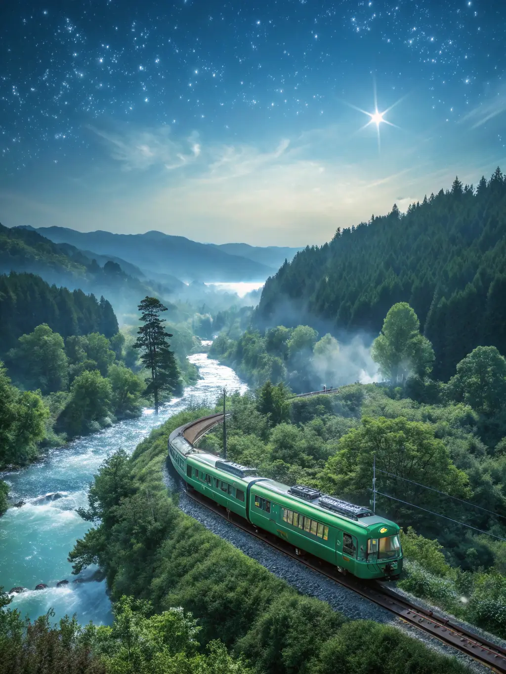A regional train stopping at a quaint station in the Harz Mountains, surrounded by forests and hiking trails. The image should highlight the accessibility of Germany's natural beauty by train.