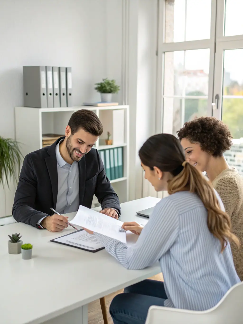 A professional photograph of a notary public carefully reviewing a document with a client, emphasizing the personalized service and attention to detail at NotaryAxis.